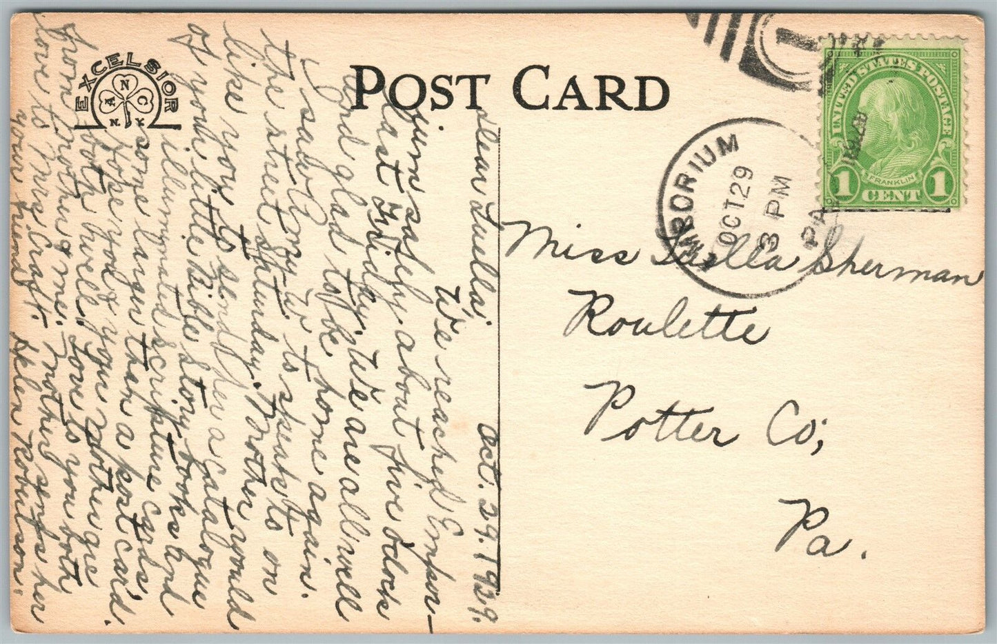 EMPORIUM PA EPISCOPAL CHURCH ANTIQUE POSTCARD w/ CORK CANCEL