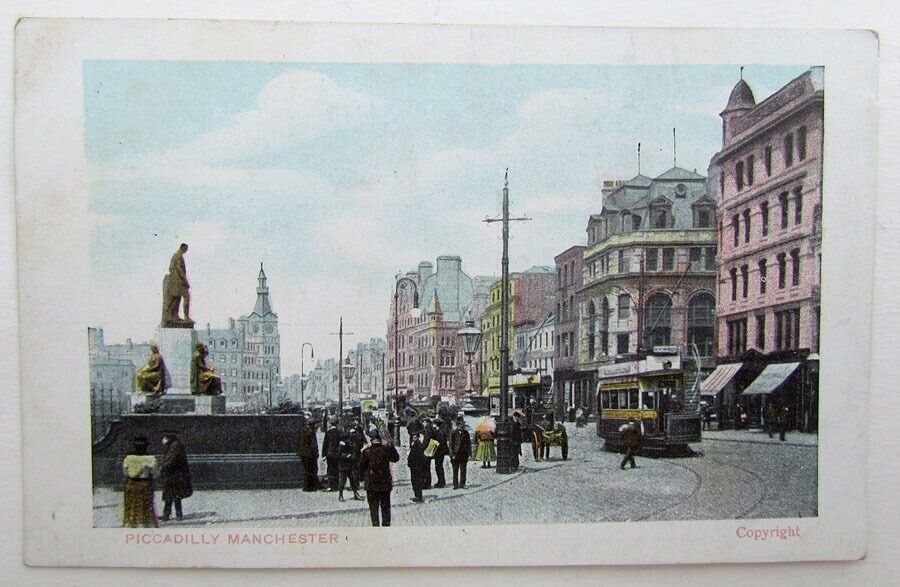 VINTAGE BRITISH POSTCARD PICCADILLY MANCHESTER STREET SCENE VIEW