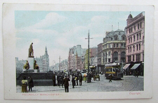VINTAGE BRITISH POSTCARD PICCADILLY MANCHESTER STREET SCENE VIEW
