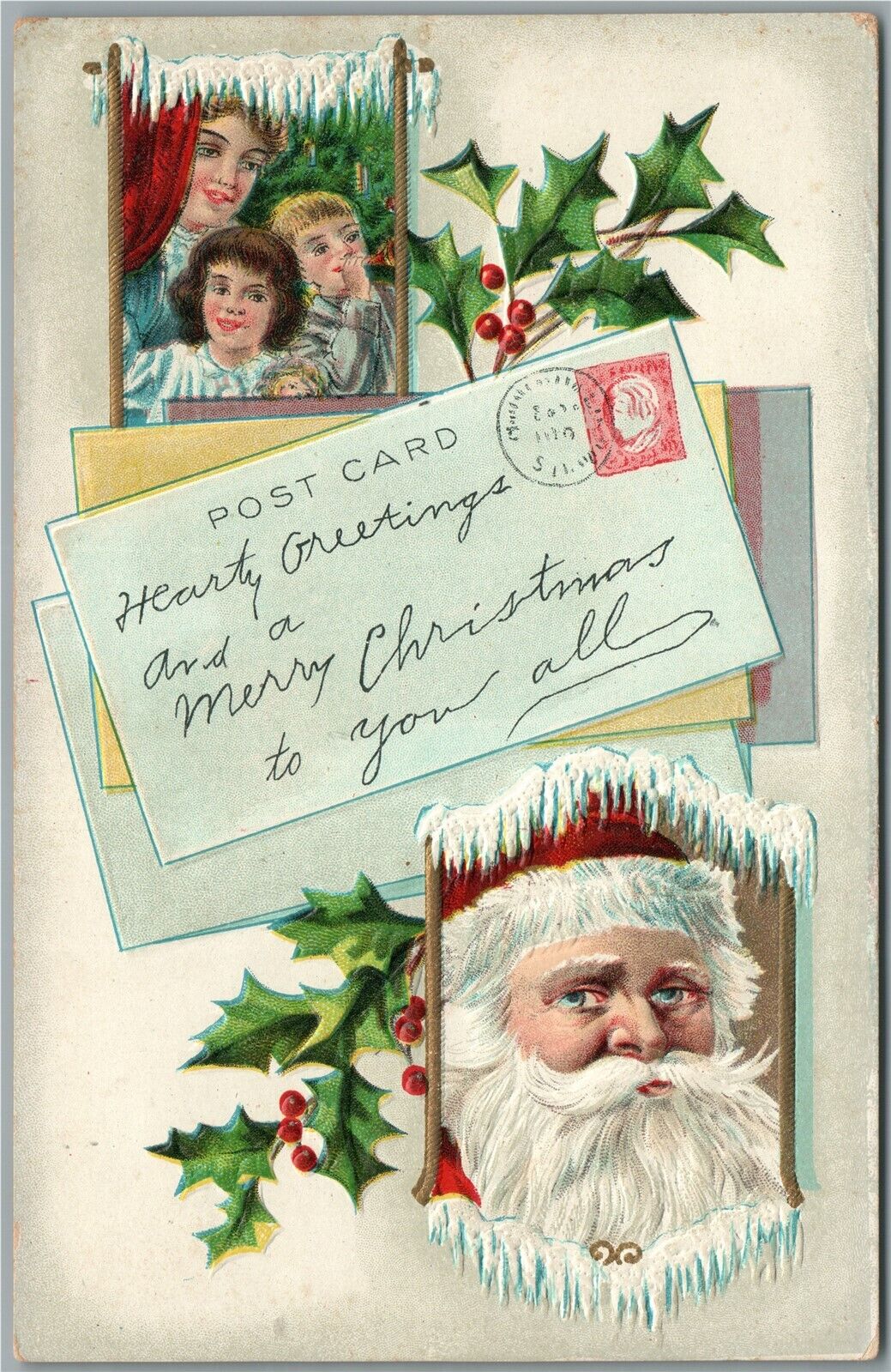 SANTA HEARTY GREETINGS CHRISTMAS EMBOSSED ANTIQUE POSTCARD