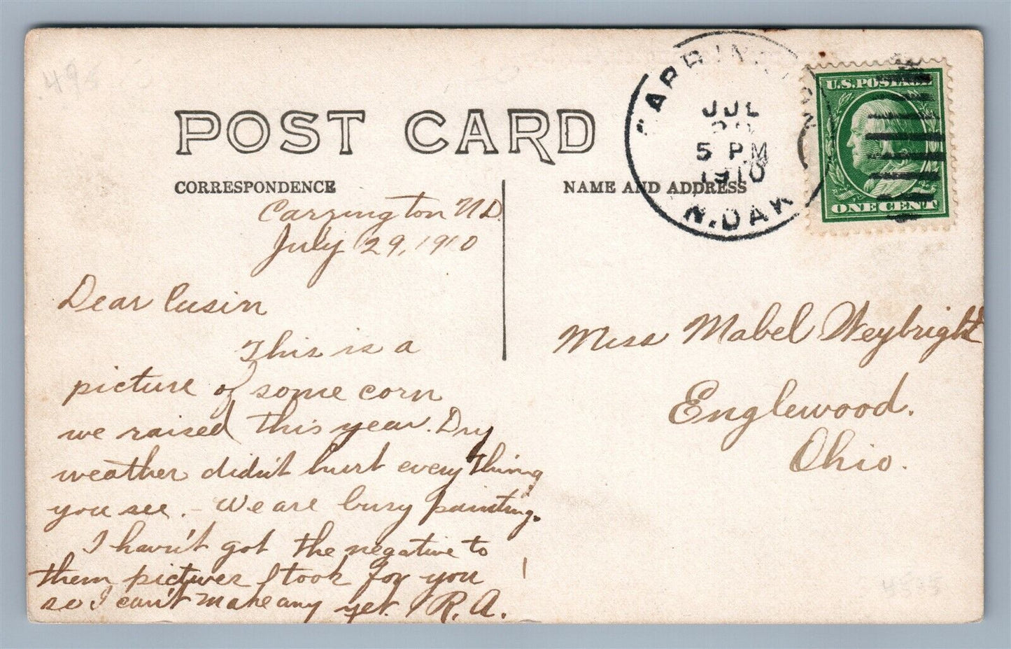 EXAGGERATED CORN CARRINGTON ND ANTIQUE REAL PHOTO POSTCARD RPPC