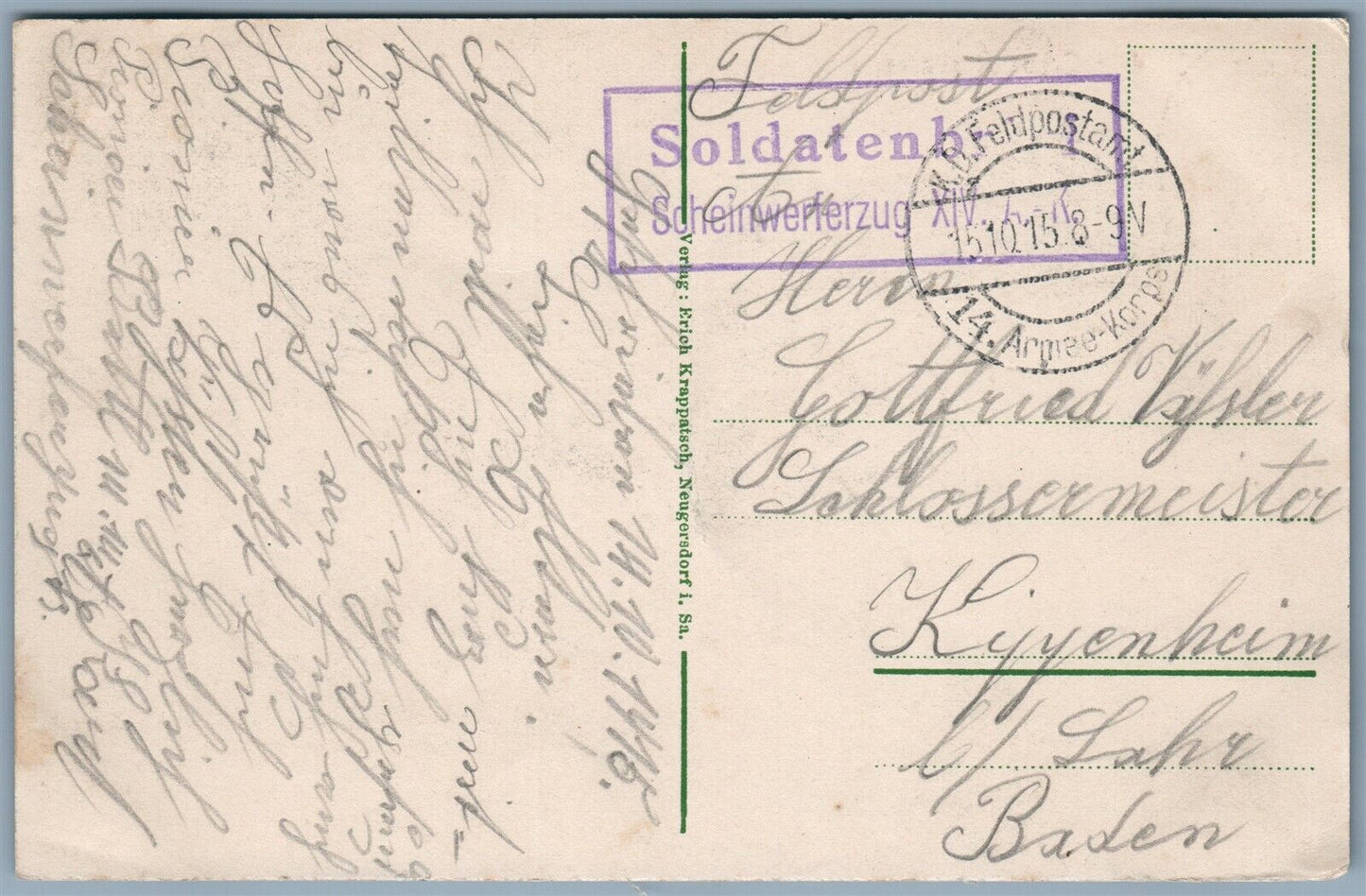 GERMAN WWI FELDPOST 1915 ANTIQUE POSTCARD PANORAMA w/ CANNON NAMUR FRANCE