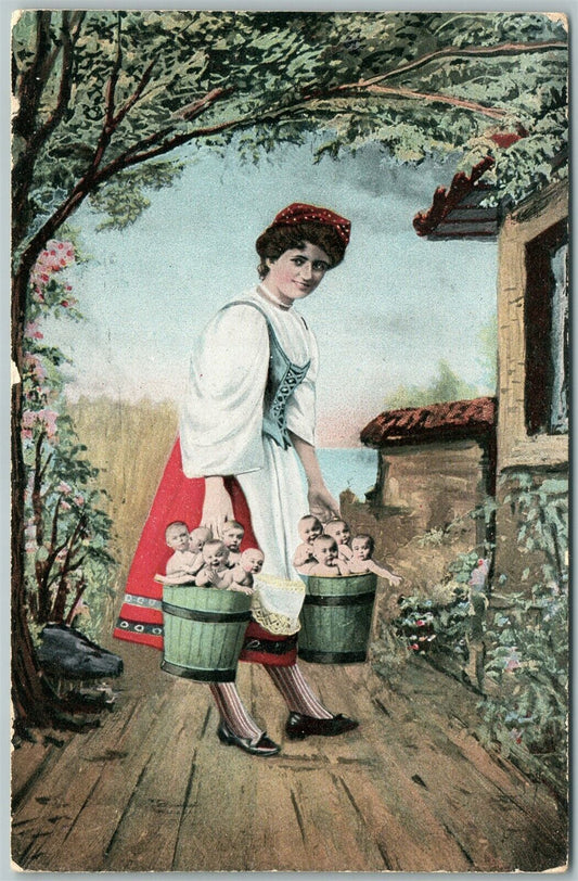 MULTIPLE BABIES IN BACKETS ANTIQUE POSTCARD