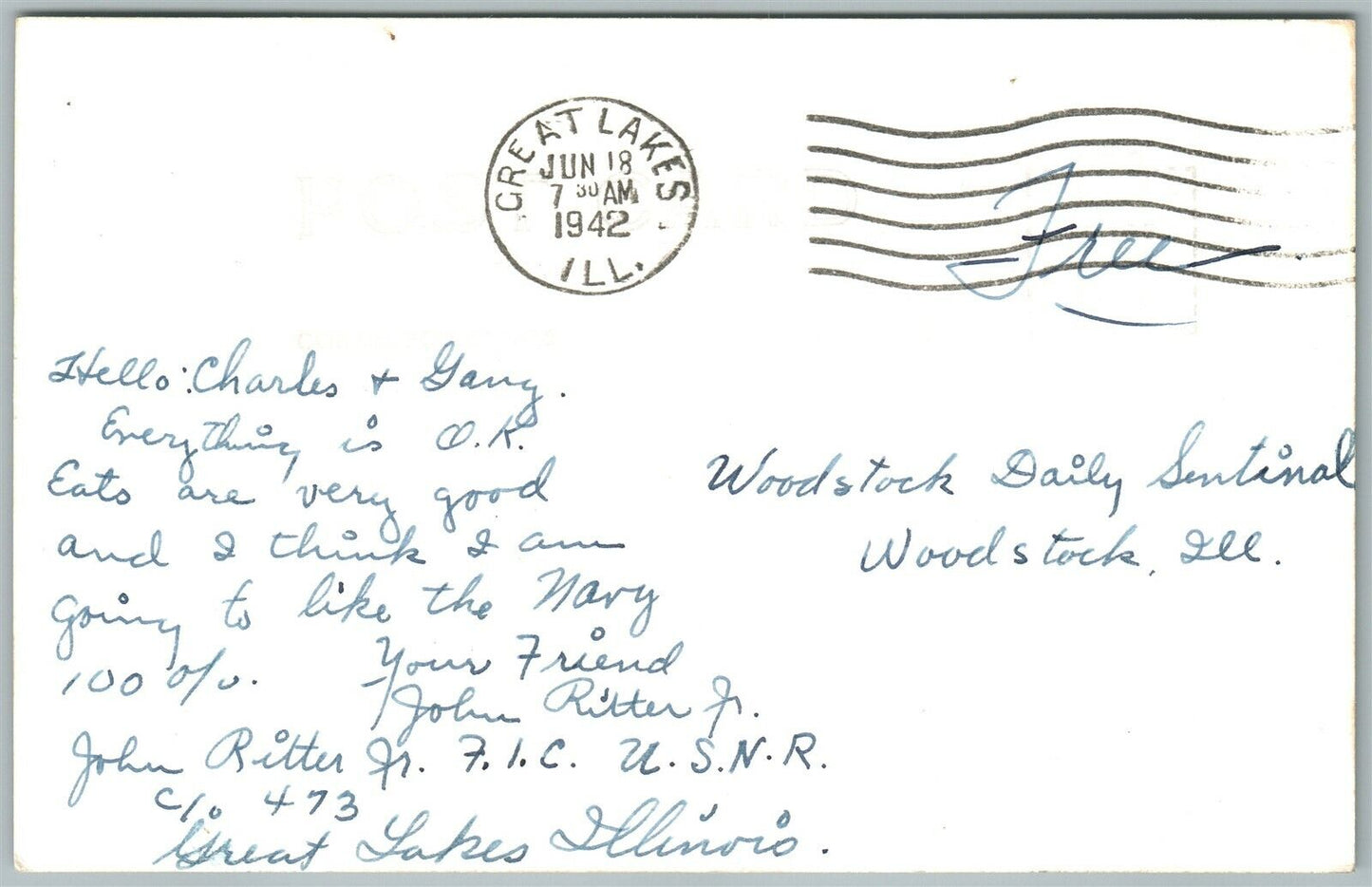 1942 VINTAGE REAL PHOTO POSTCARD RPPC LIVING USN ANCHORED TO DEMOCRACY