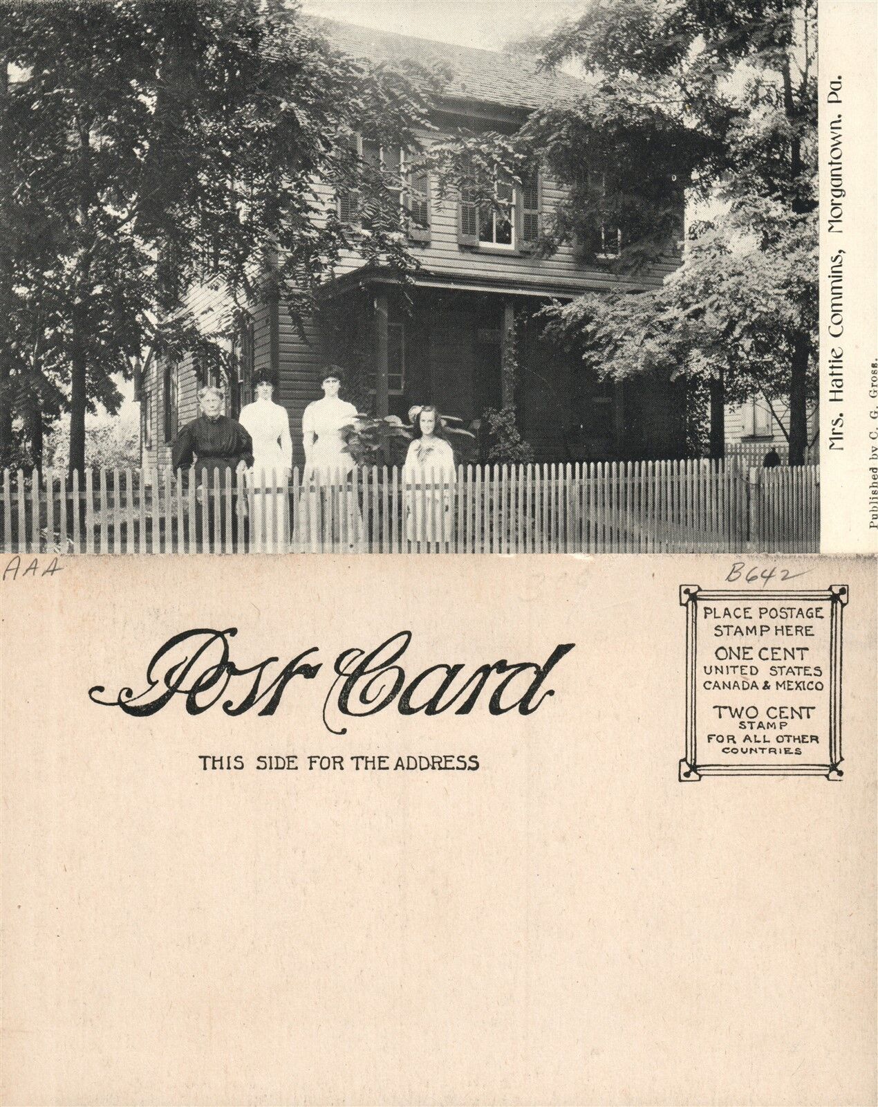 MORGANTOWN PA Mrs. HATTIE COMMINS UNDIVIDED ANTIQUE POSTCARD