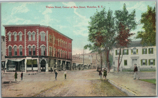 WATERLOO NY VIRGINIA STREET corner of MAIN STR. ANTIQUE POSTCARD