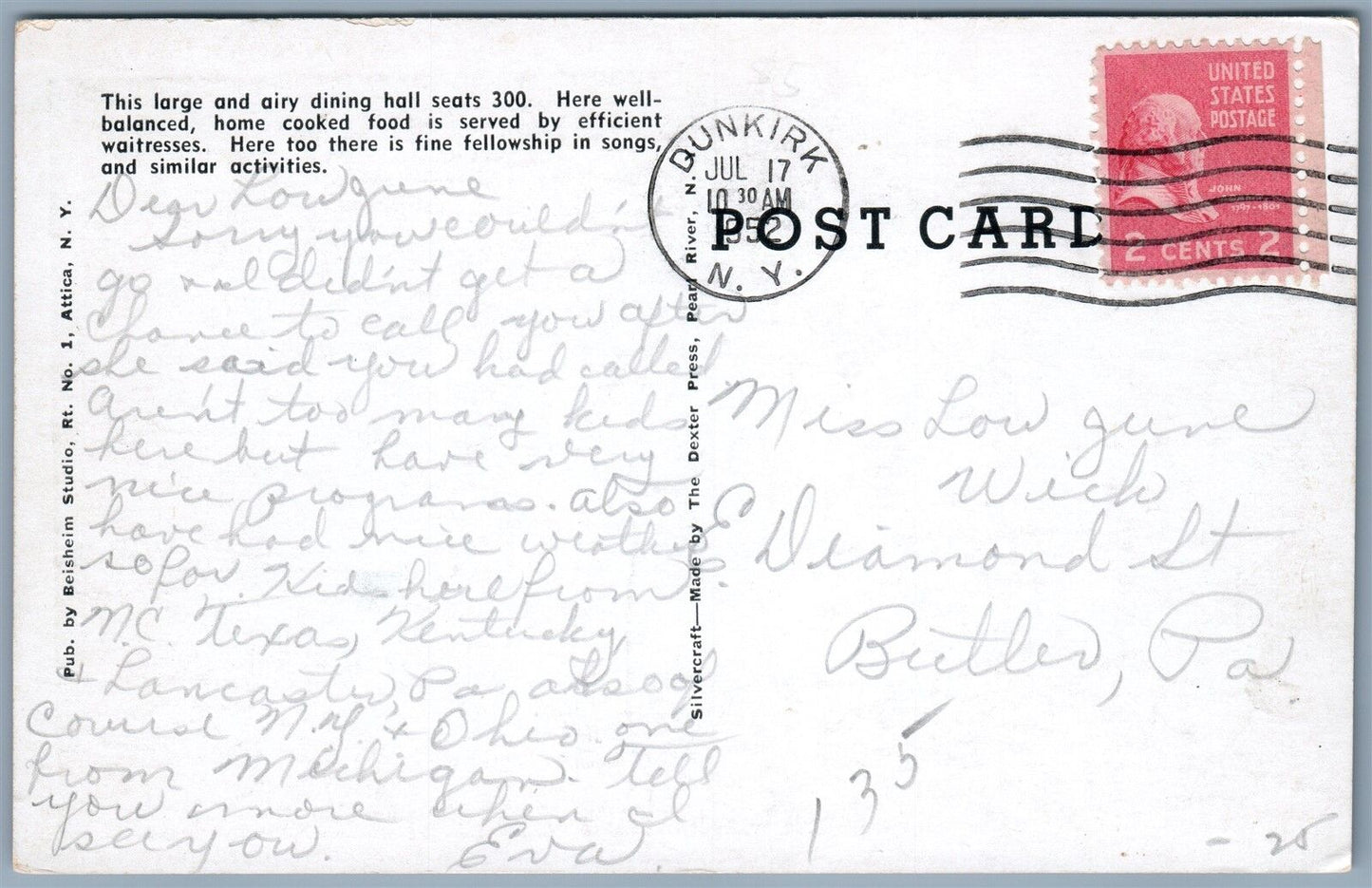 DUNKIRK NY CONFERENCE GROUNDS DINING CENTER 1952 VINTAGE POSTCARD