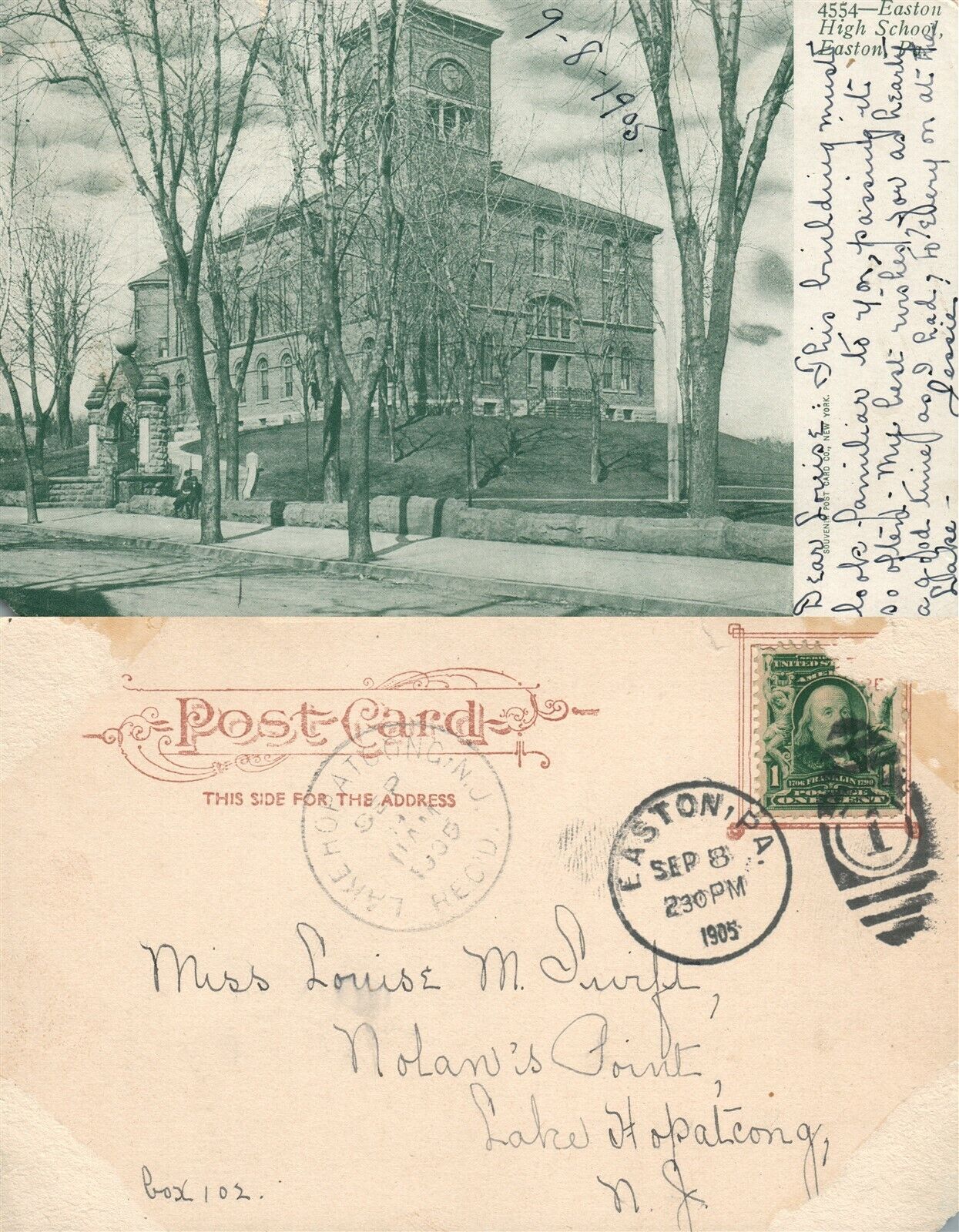 EASTON PA HIGH SCHOOL 1905 UNDIVIDED ANTIQUE POSTCARD w/ CORK CANCEL