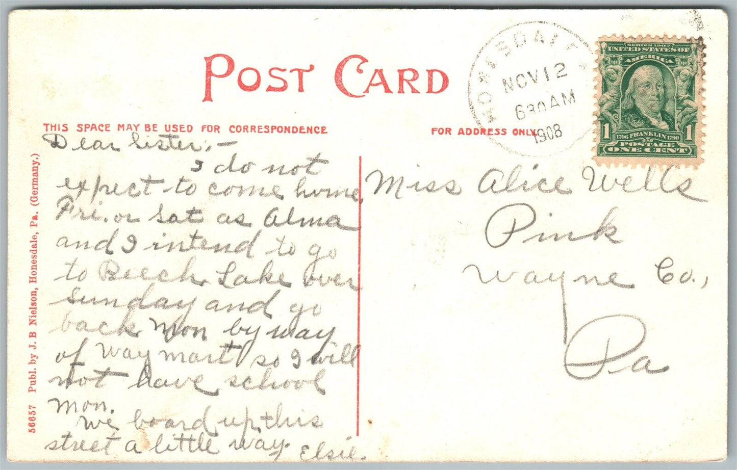 HONESDALE PA COURT & 10th STREET 1908 ANTIQUE POSTCARD