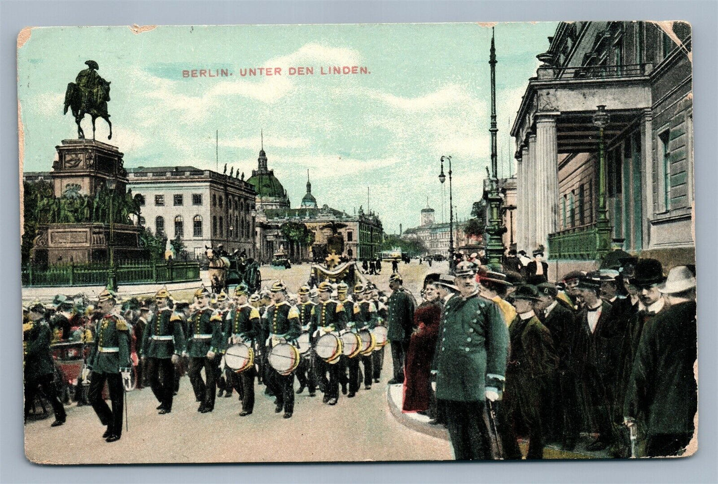 BERLIN GERMANY UNTER DEN LINDEN MILITARY PARADE 1910 ANTIQUE POSTCARD