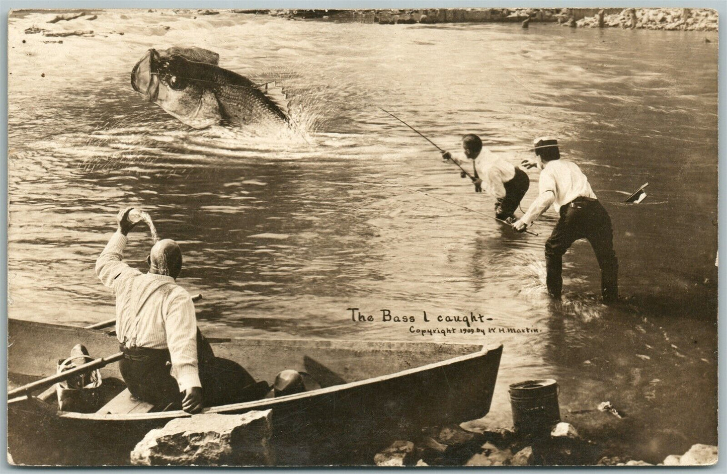 EXAGGERATED SPORT FISHING 1909 COPYRIGHT ANTIQUE REAL PHOTO POSTCARD RPPC