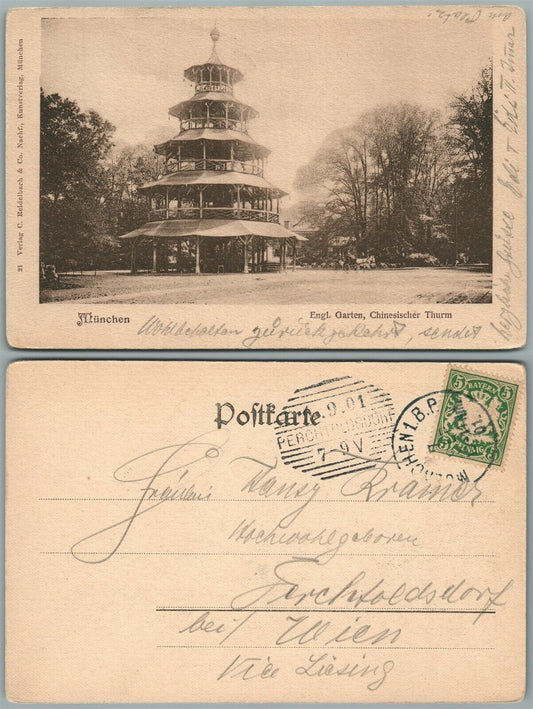 MUNICH GERMANY CHINEISISCHER THURM 1901 ANTIQUE POSTCARD w/ BAVARIAN STAMP