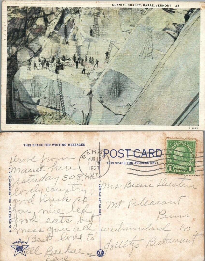 GRANITE QUARRY BARRE VERMONT 1937 VINTAGE POSTCARD