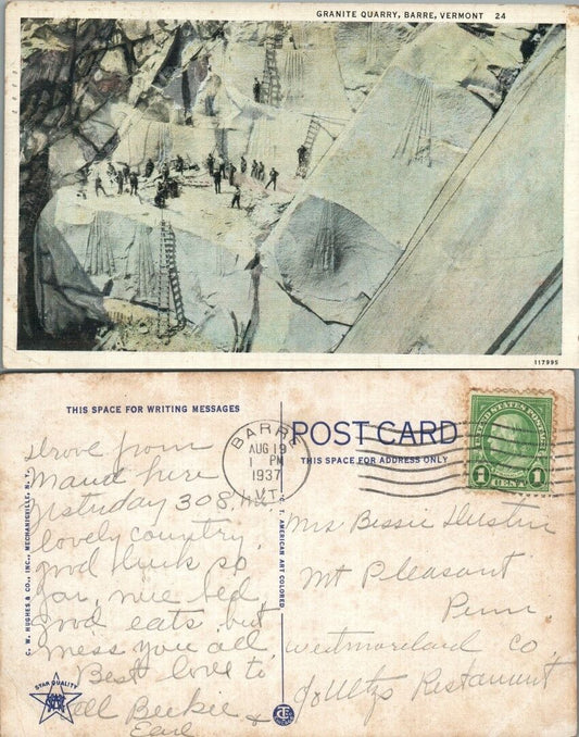 GRANITE QUARRY BARRE VERMONT 1937 VINTAGE POSTCARD
