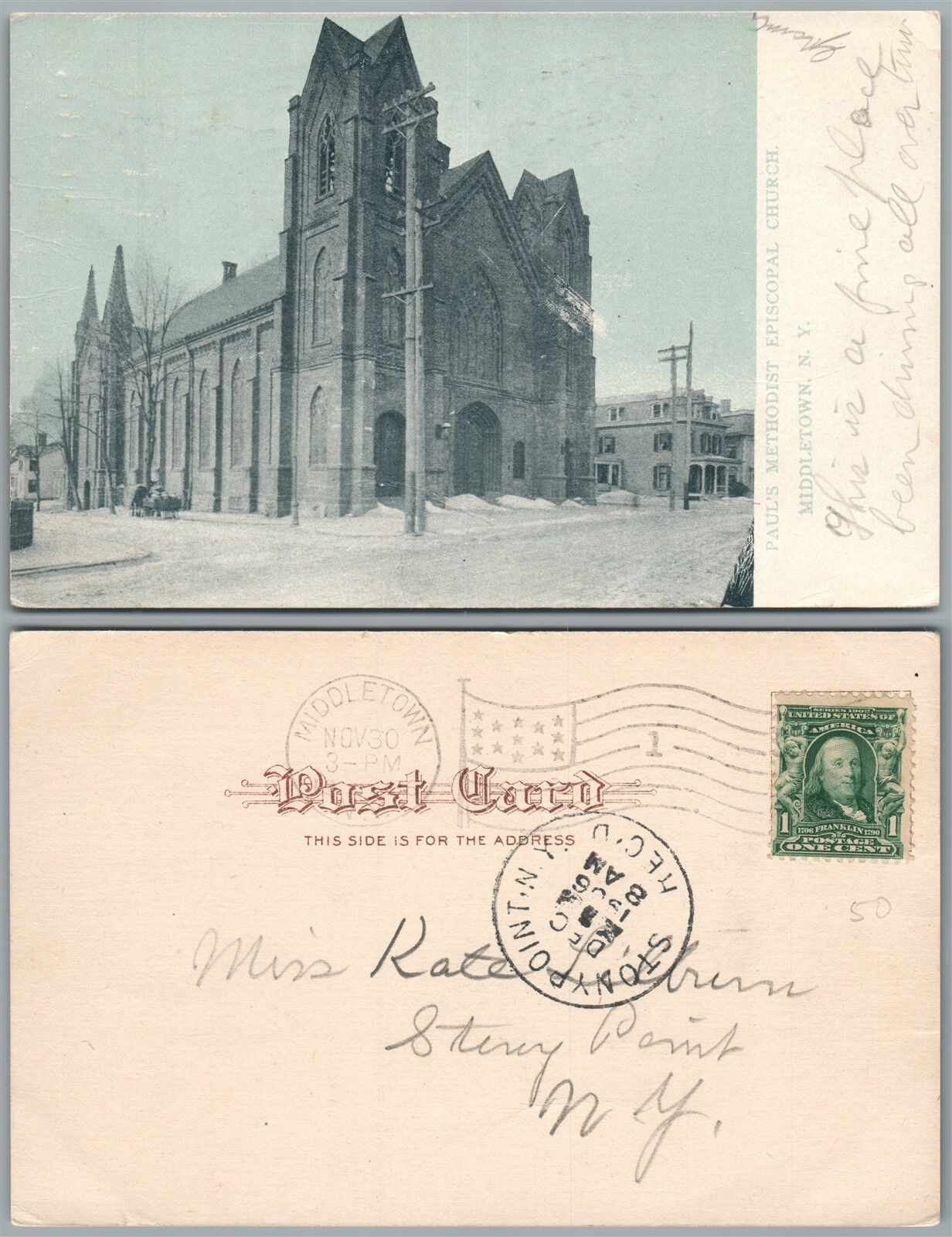 MIDDLETOWN N.Y. PAUL'S METHODIST EPISCOPAL CHURCH 1906 ANTIQUE POSTCARD
