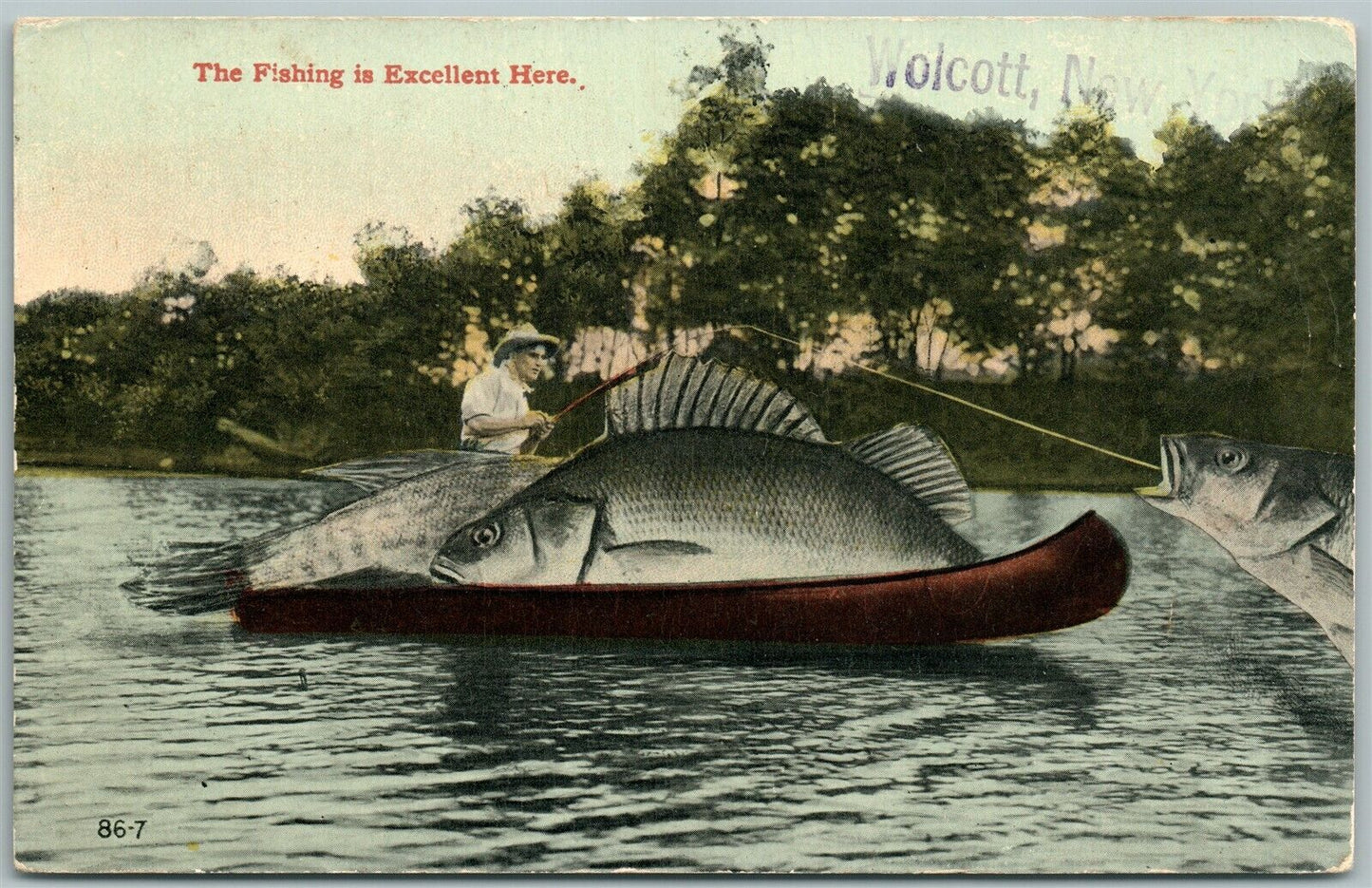 WOCKOTT N.Y. EXAGGERATED FISHING 1913 ANTIQUE POSTCARD CORK CANCEL