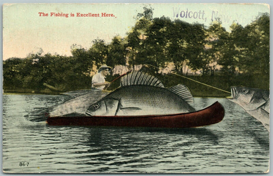 WOCKOTT N.Y. EXAGGERATED FISHING 1913 ANTIQUE POSTCARD CORK CANCEL