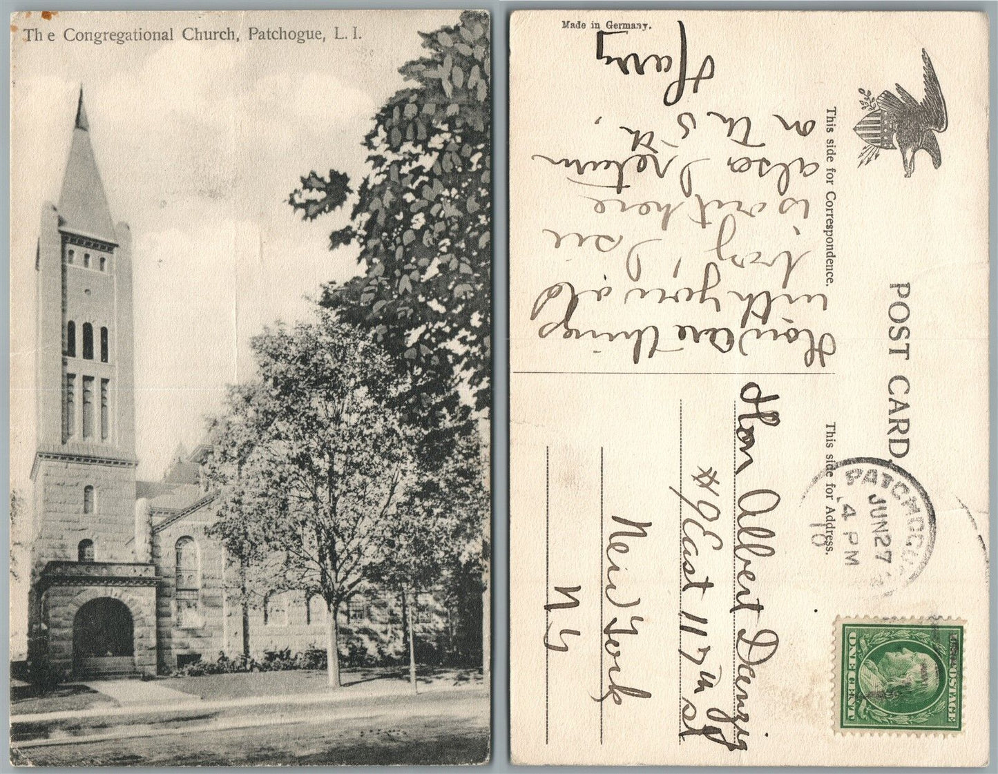 LONG ISLAND PATCHOGUE N.Y. CONGREGATIONAL CHURCH ANTIQUE POSTCARD