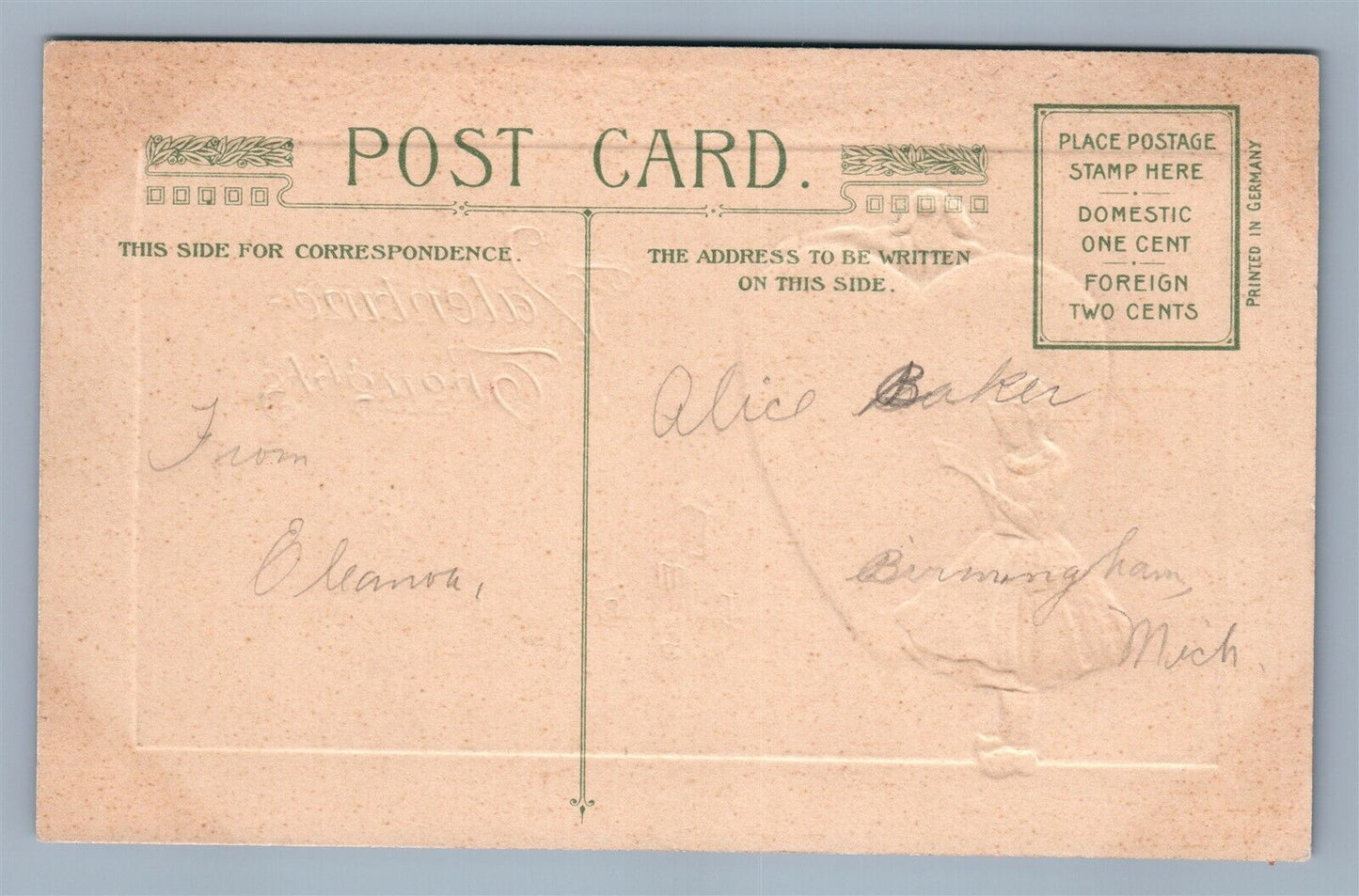 VALENTINE THOUGHTS 1914 EMBOSSED ANTIQUE POSTCARD by JOHN WINSCH DUTCH COUPLE