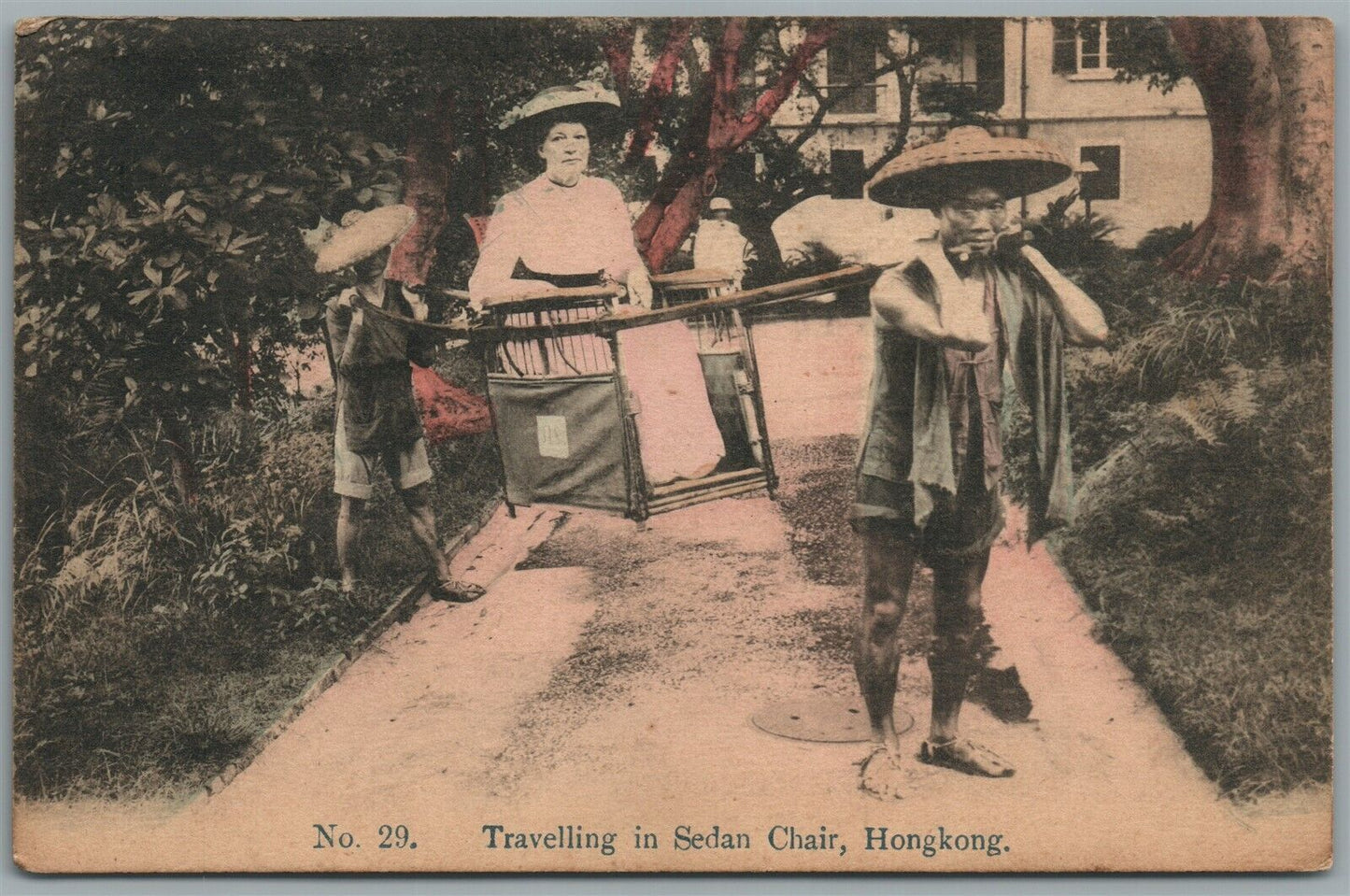 HONG KONG TRAVELLING IN SEDAN CHAIR ANTIQUE POSTCARD printed in HONGKONG
