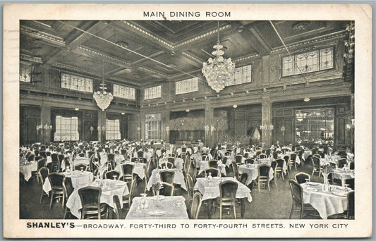 NEW YORK CITY NY BROADWAY SHANLEY'S RESTAURANT ANTIQUE POSTCARD