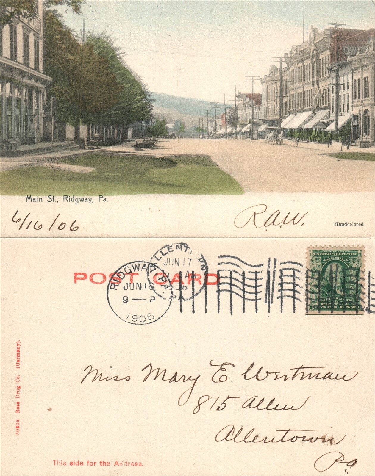 RIDGWAY PA MAIN STREET 1906 UNDIVIDED ANTIQUE POSTCARD