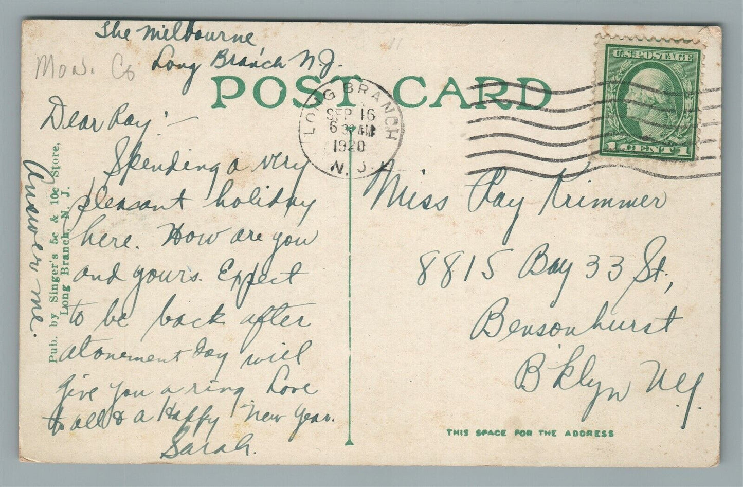 LONG BRANCH NJ CEDAR AVENUE ANTIQUE POSTCARD