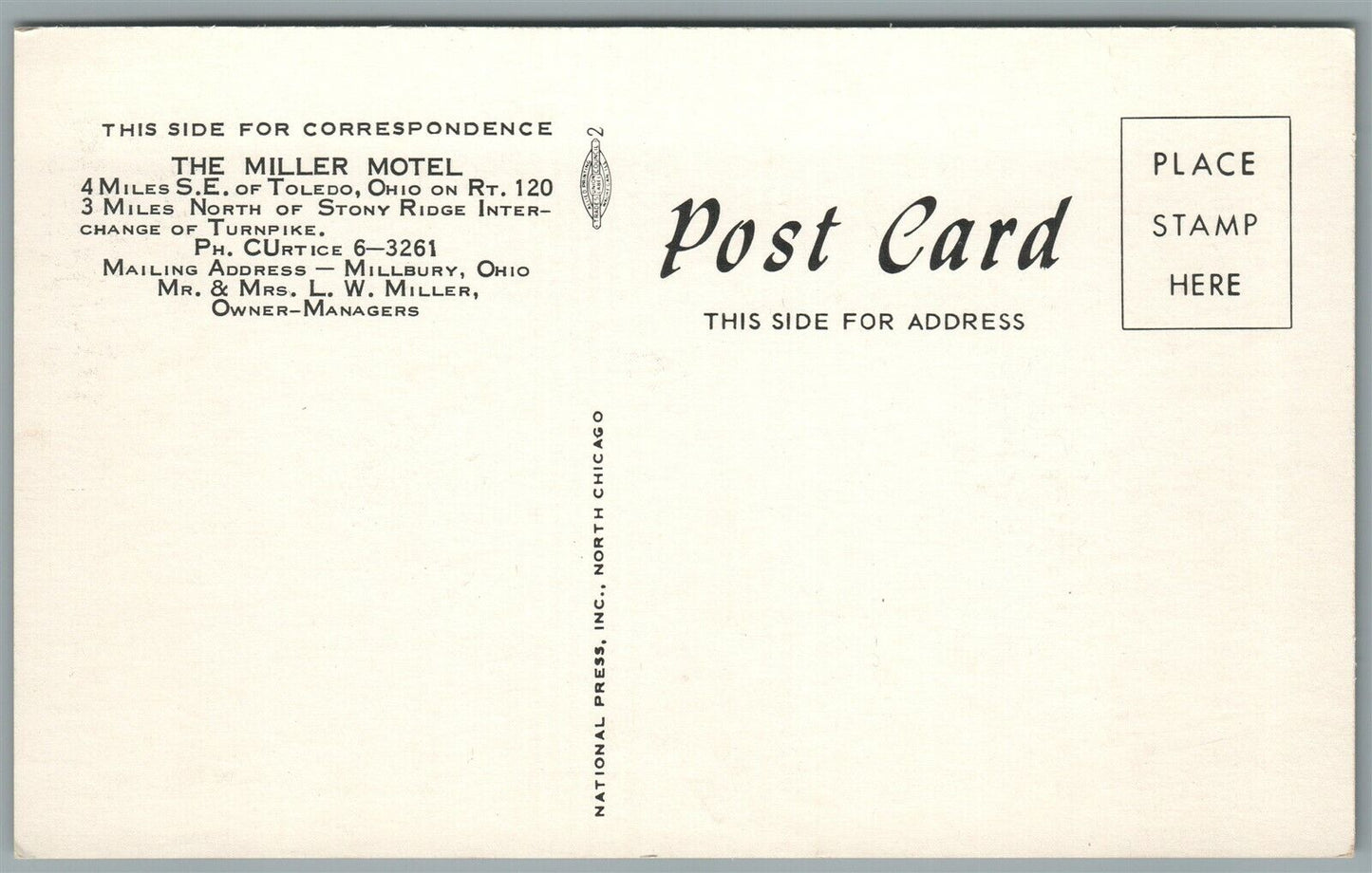 TOLEDO OH MILLER MOTEL VINTAGE POSTCARD