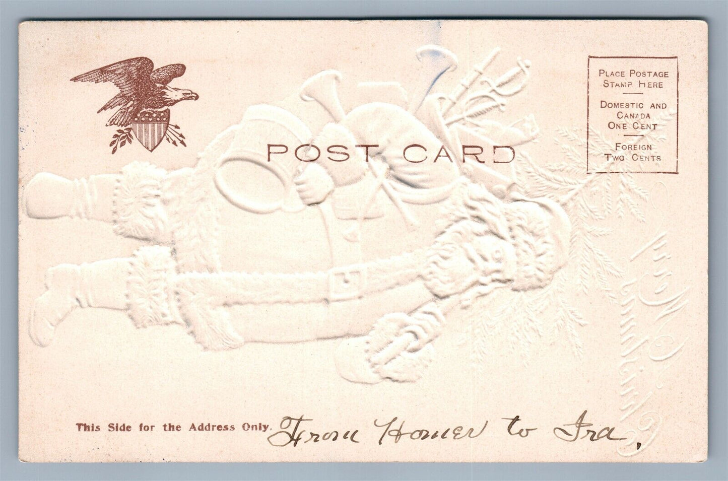 SANTA w/ TOYS DRUM CHRISTMAS TREE ANTIQUE EMBOSSED POSTCARD