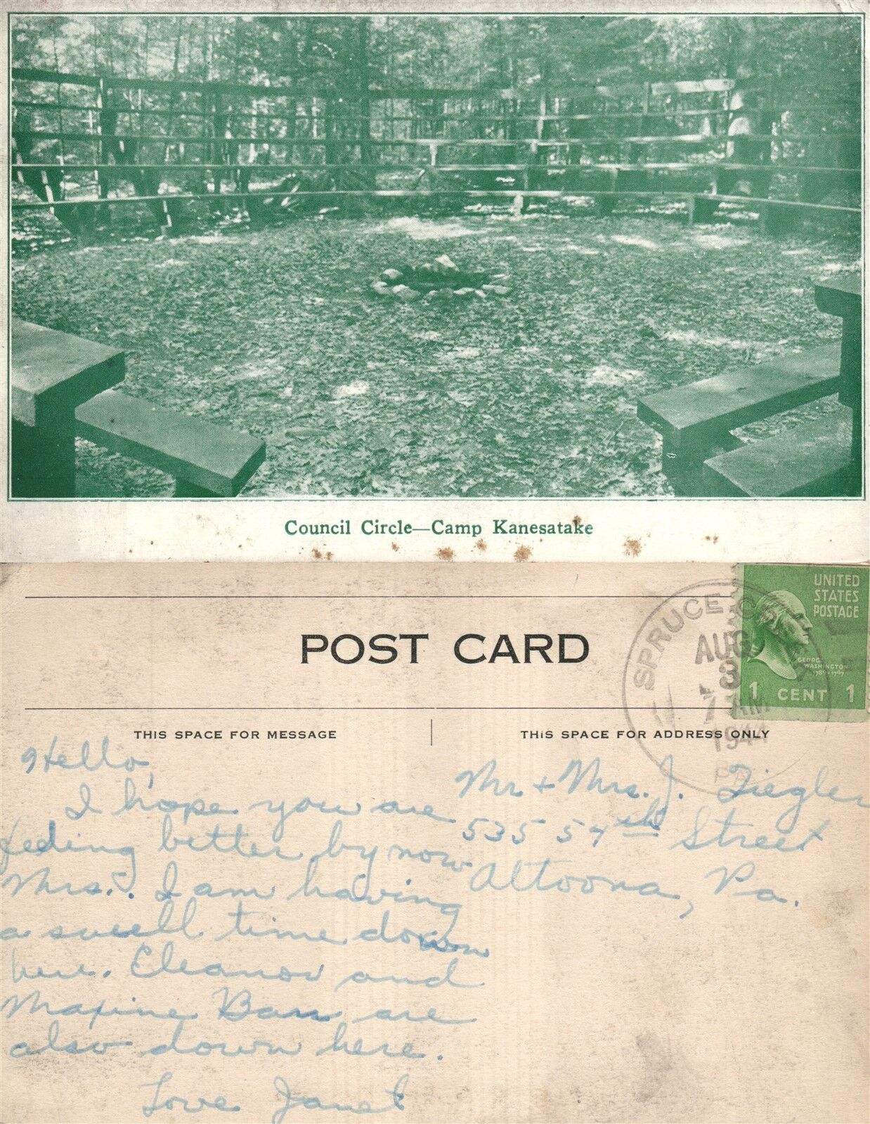 CAMP KANESATAKE PA COUNCIL CIRCLE 1944 VINTAGE POSTCARD