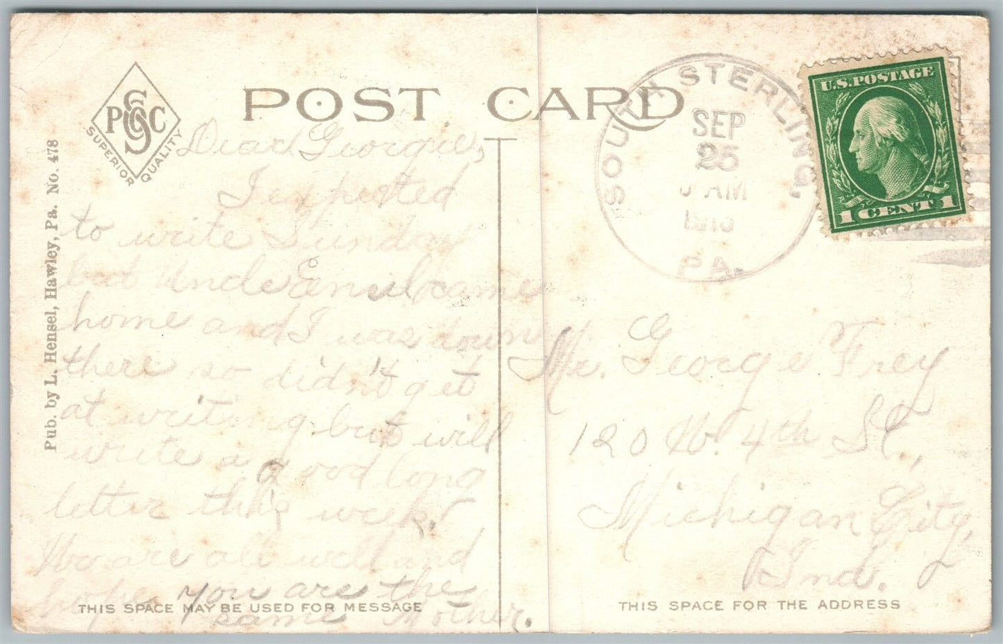 SOUTH STERLING PA ROAD VIEW 1910 ANTIQUE POSTCARD