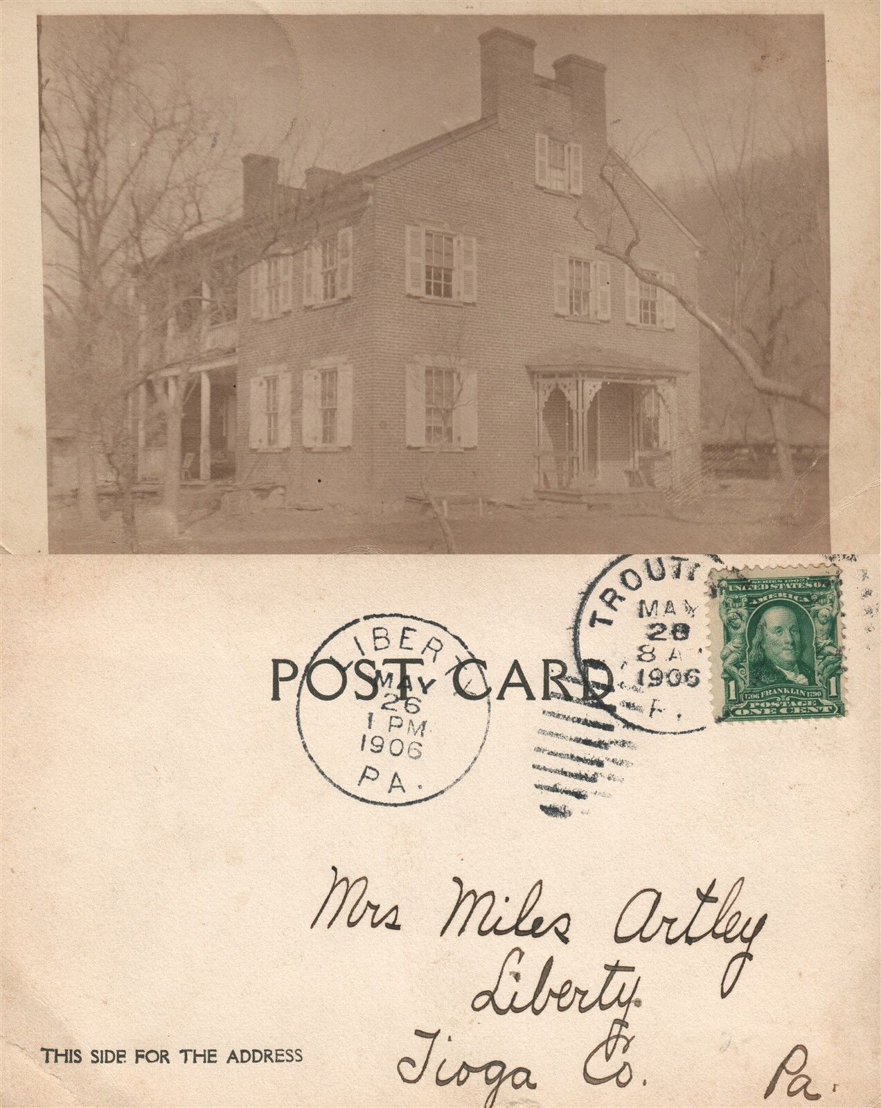 LIBERTY PA 1906 ANTIQUE REAL PHOTO POSTCARD RPPC w/ CORK CANCEL