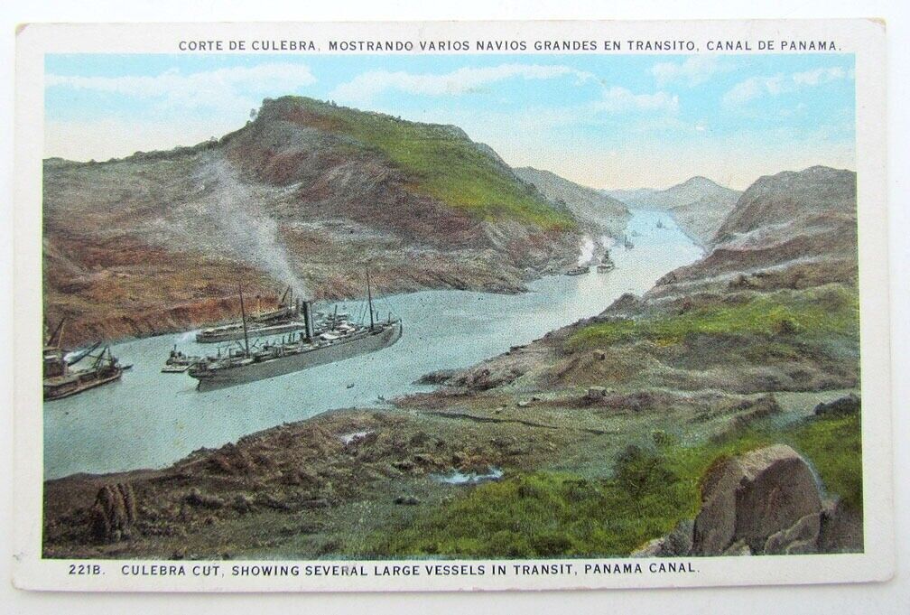 VINTAGE POSTCARD - CULEBRA CUT LARGE VESSELS IN TRANSIT PANAMA CANAL