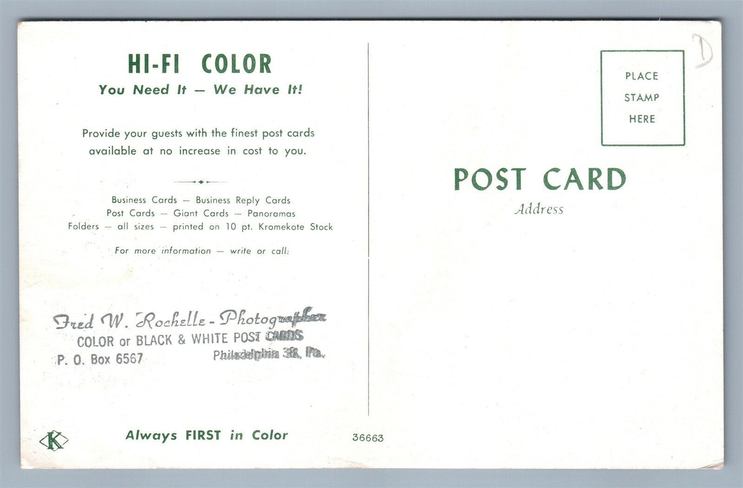 PHILADELPHIA PA POST CARD PRINTED PHOTOGRAPHER ADVERTISING VINTAGE POSTCARD