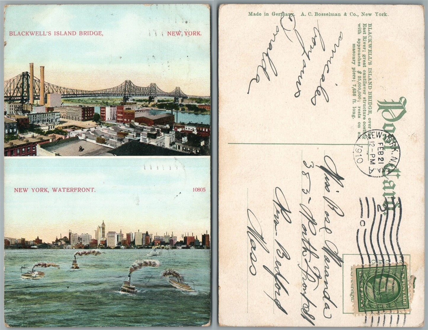BLACKWELL'S ISLAND BRIDGE NEW YORK CITY N.Y. 1910 ANTIQUE POSTCARD