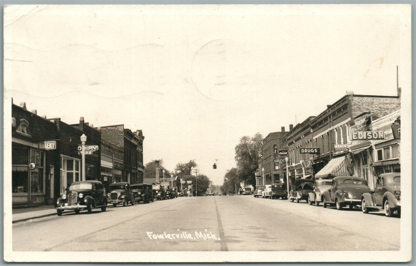 FOWLERVILLE MI STREET SCENE ANTIQUE REAL PHOTO POSTCARD RPPC
