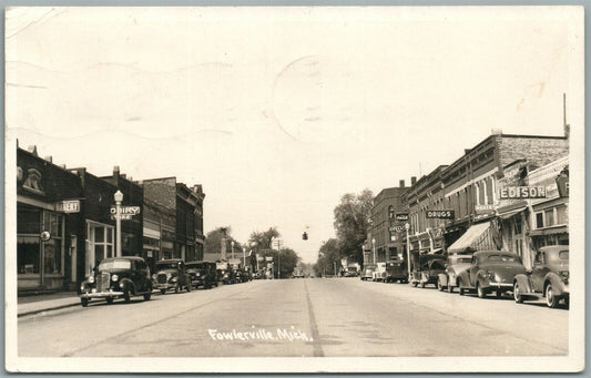 FOWLERVILLE MI STREET SCENE ANTIQUE REAL PHOTO POSTCARD RPPC