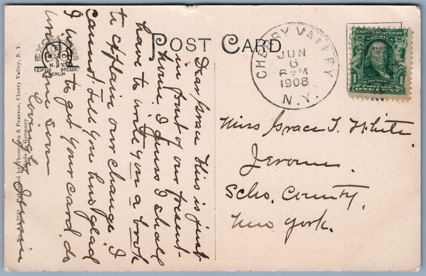 CHERRY VALLEY NY ALDEN STREET 1908 ANTIQUE POSTCARD