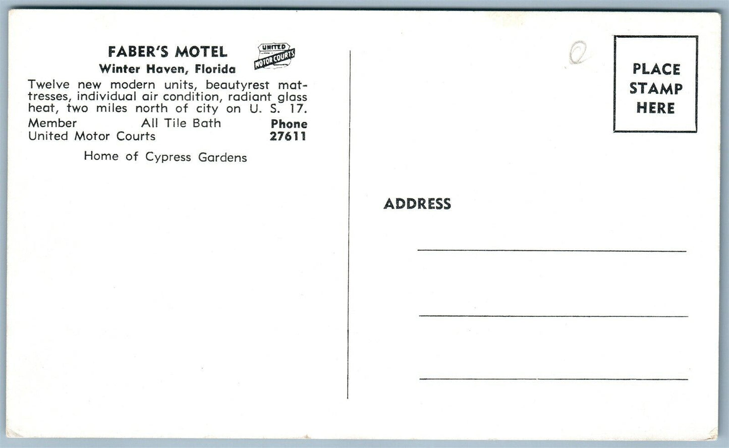 WINTER HAVEN FL FABER'S MOTEL VINTAGE POSTCARD