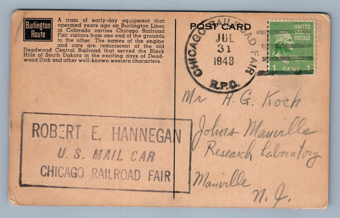 CHICAGO RAILROAD FAIR NARROW GAUGE DEADWOOD CENTRAL TRAIN VINTAGE POSTCARD