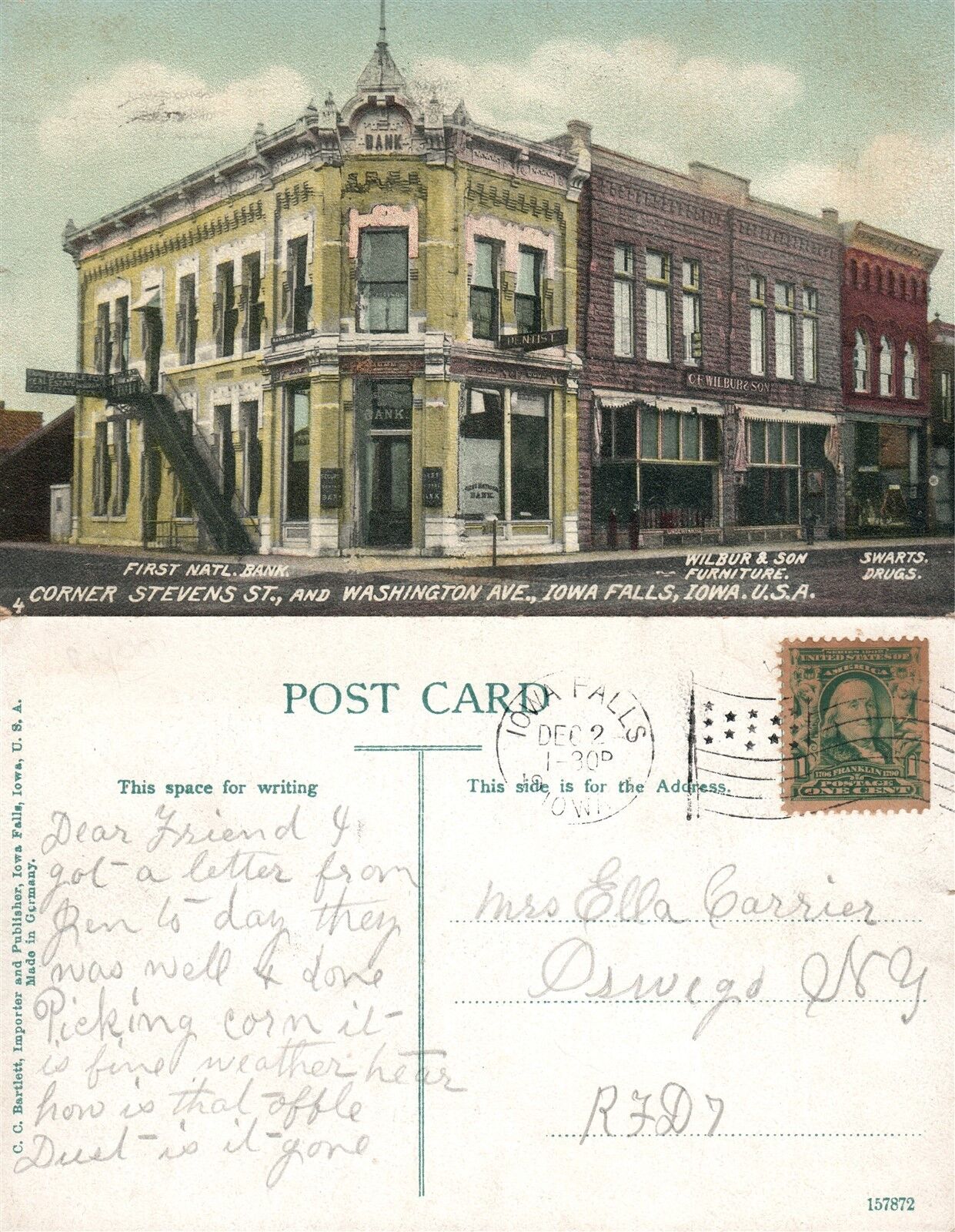 IOWA FALLS STEVENS STREET WASHINGTON AVENUE FIRST NATIONAL BANK ANTIQUE POSTCARD