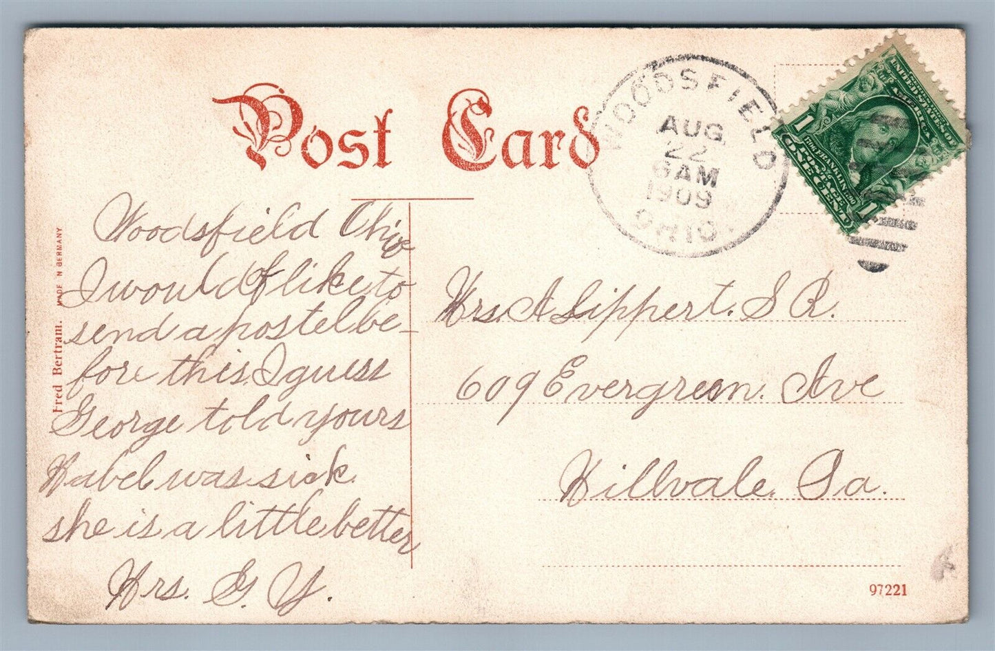 WOODSFIELD OH MAIN STREET 1909 ANTIQUE POSTCARD