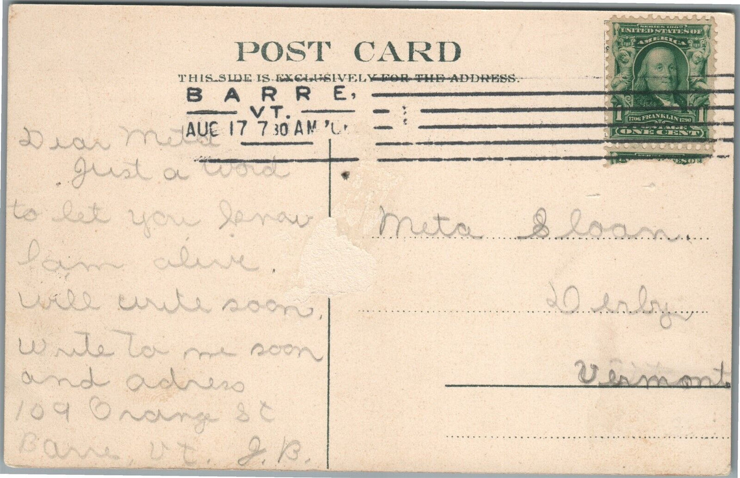 BARRE VT WASHINGTON STREET ANTIQUE POSTCARD