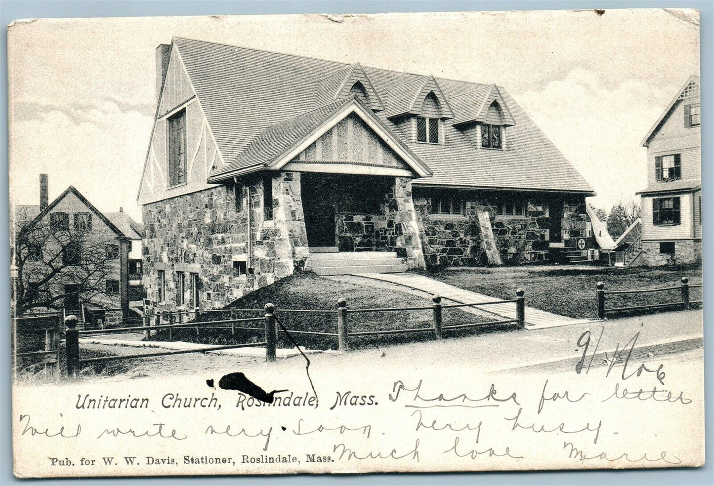 ROSLINDALE MA UNITARIAN CHURCH ANTIQUE POSTCARD