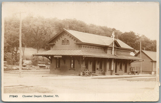 CHESTER VT RAILROAD STATION RAILWAY DEPOT ANTIQUE REAL PHOTO POSTCARD RPPC