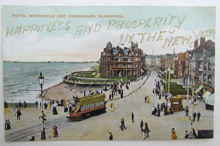 VINTAGE BRITISH POSTCARD HOTEL METROPOLE BLACKPOOL tram trolley railroad railway