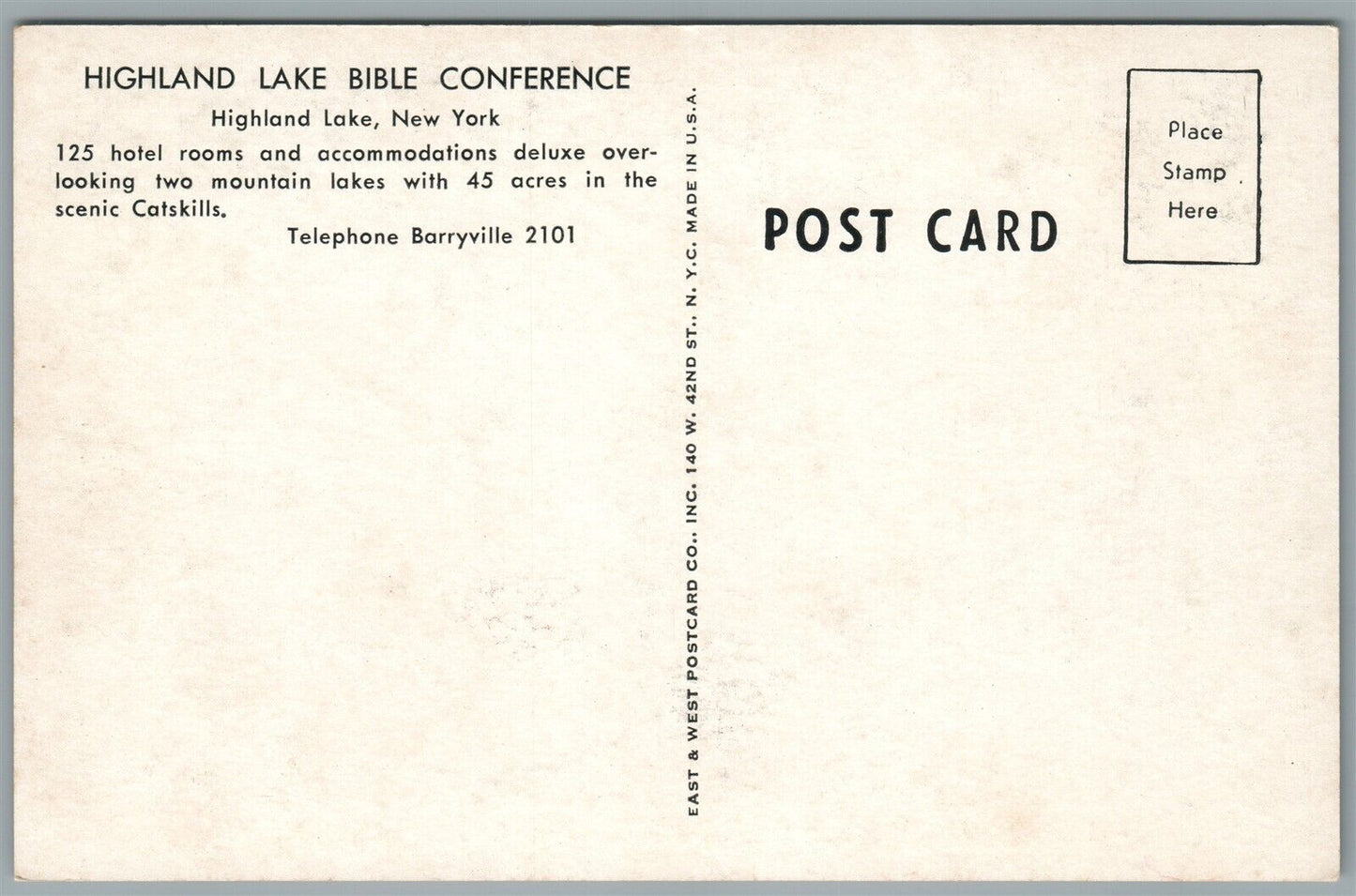 HIGHLAND LAKE NY BIBLE CONFERENCE ANTIQUE POSTCARD