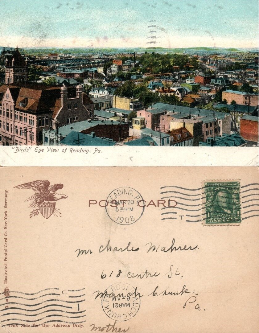 READING PA BIRDS EYE VIEW 1908 UNDIVIDED ANTIQUE POSTCARD