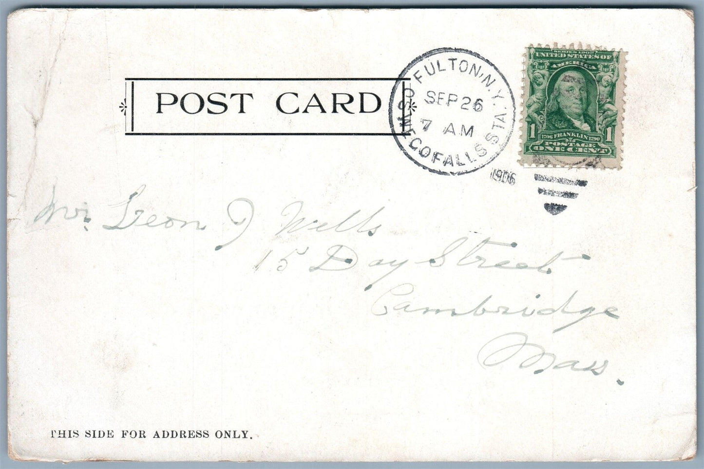 FULTON NY WOOLEN MILLS UNDIVIDED 1906 ANTIQUE POSTCARD w/ CORK CANCEL