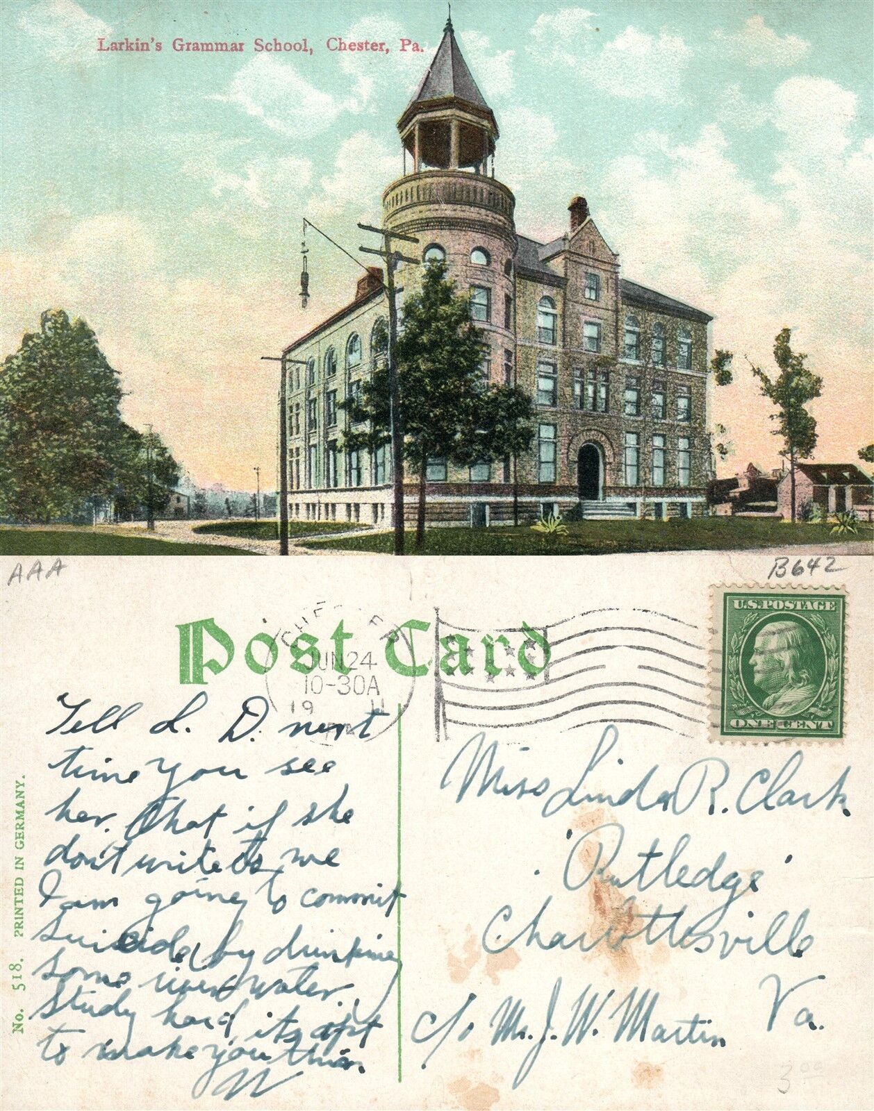 CHESTER PA LARKIN'S GRAMMAR SCHOOL 1911 ANTIQUE POSTCARD
